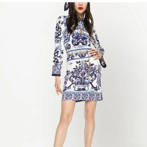 Dolce & Gabbana Majolica Print Organzine Blue & White Dress